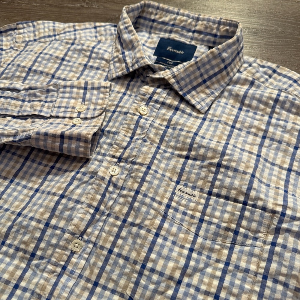 Faconnable Shirt Mens XXL Blue Plaid‎ Cotton Seersucker Coastal Club Deauville